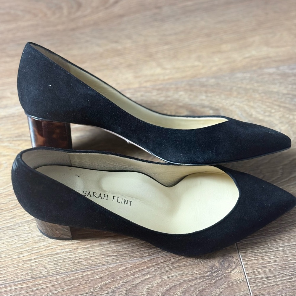 Sarah Flint Black Suede Pointed Toe Tortoiseshell Block Heels